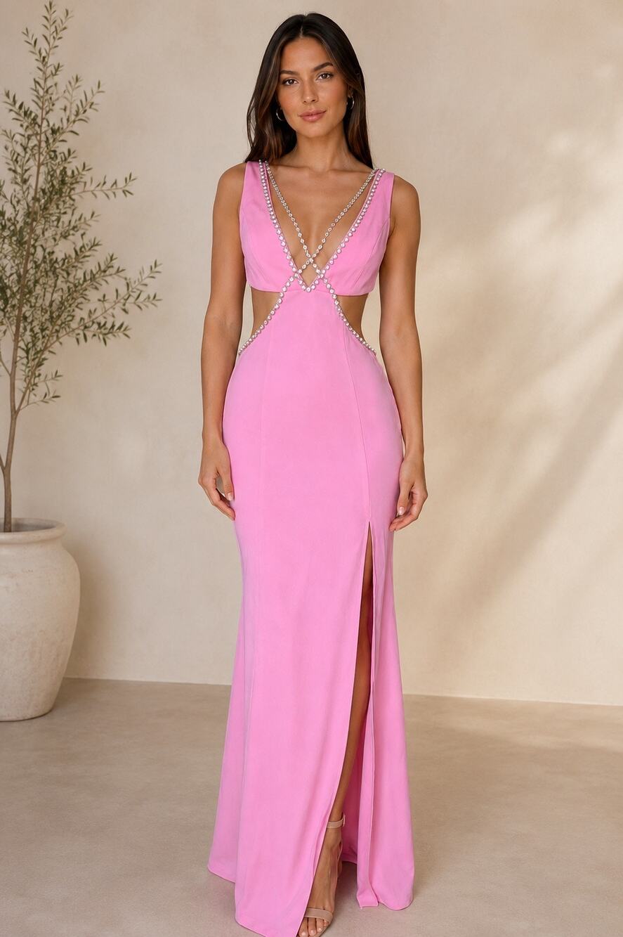 NWT Majorelle Pink Diamond-like Cutout Maxi Gown XS OpenBack Mermaid FormalDress